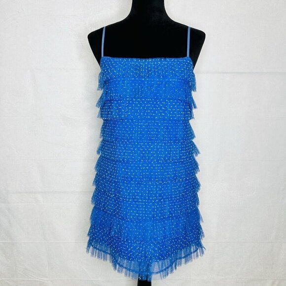 Lovers + Friends Jane Mini Dress Blue Tiered Tulle Polka Dot Size Medium Lined - Picture 1 of 10